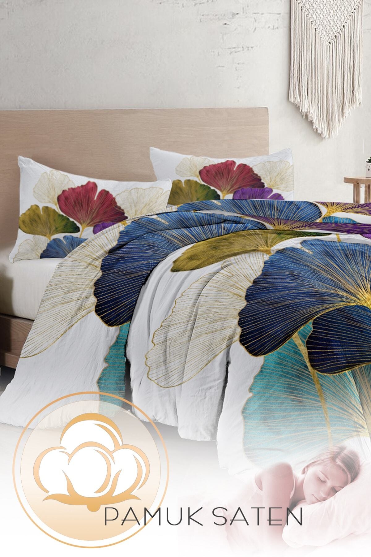 Kıng Sıze Çift Kişilik Nevresim Takımı Pamuk Saten 3d Özel Tasarım Colorfull Leaves 220x240cm