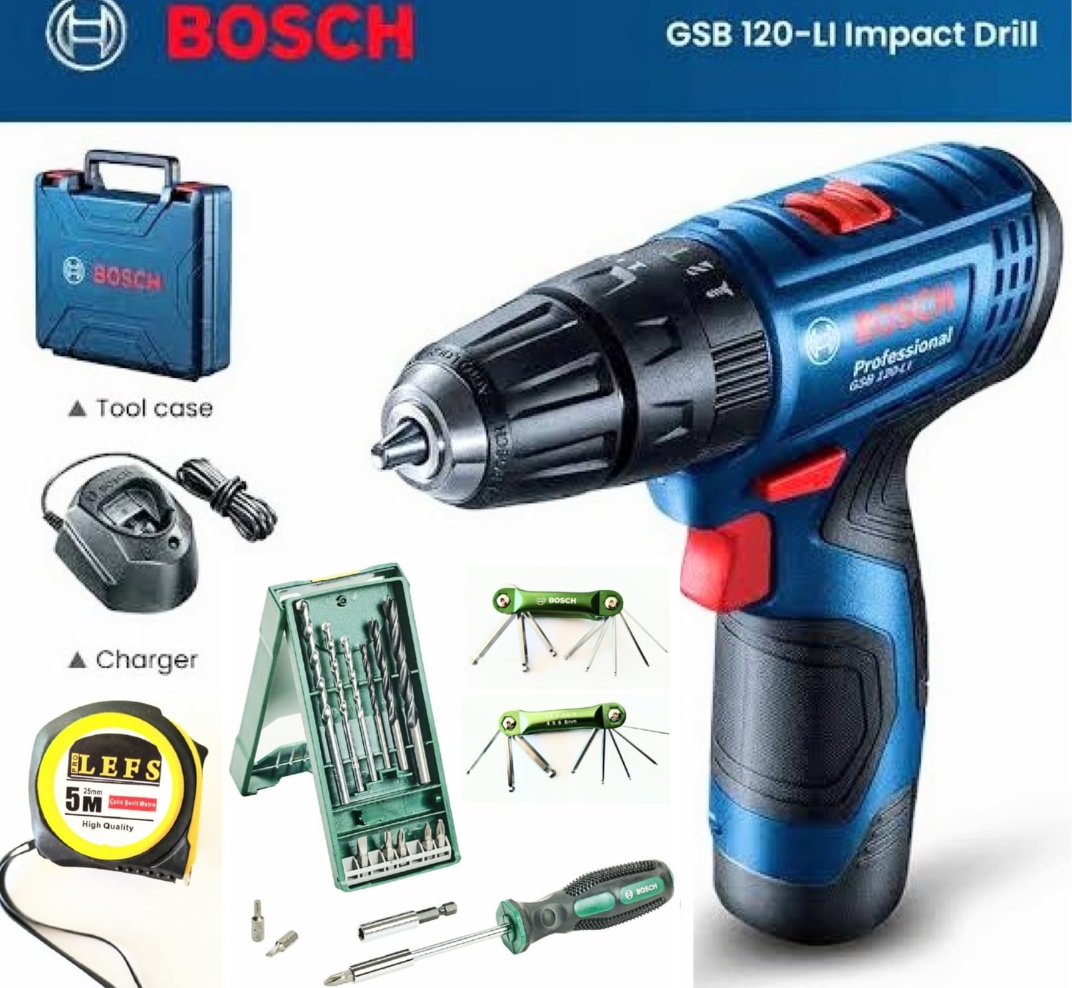 Gsb 120 Li Şarjlı Darbeli Vidalama (Tek Akü),x-Line 15 Parça Mini Aksesuar Seti,allen Set ,tornavida ve Metre