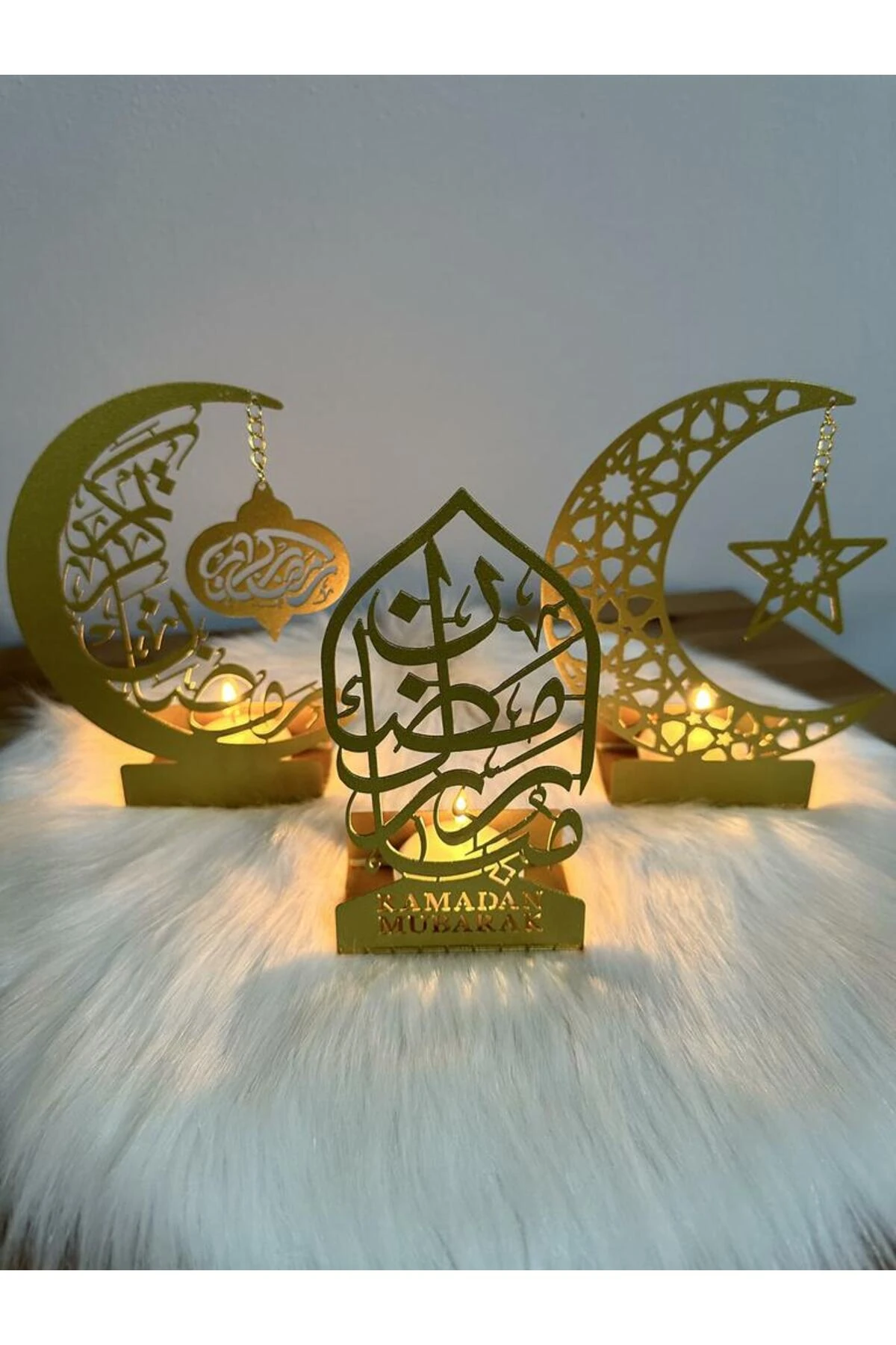 3'lü Metal Mübarek Ramazan Mumluk Seti - Altın - Hoşgeldin Ramazan Süsleri Ev Dekorasyon - Wamh099