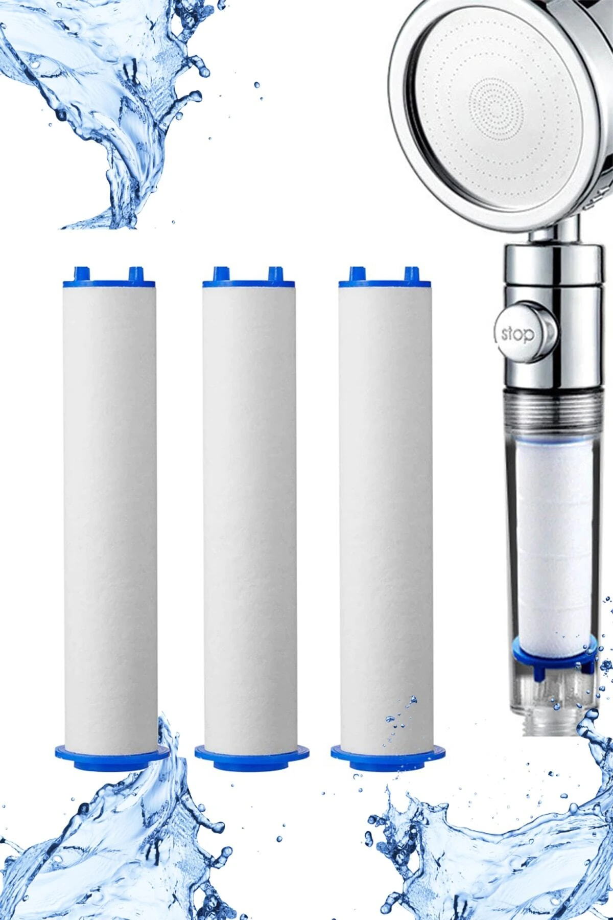 3'lü Filtreli Duş Başlığı Seti, Kireç Önleyici ve Temiz Su Filtreleri