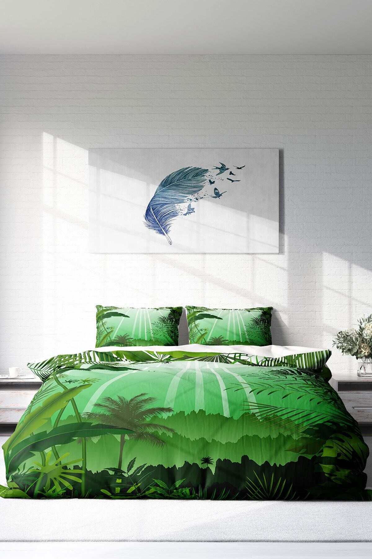 Kıng Sıze Green Life 3d Pamuk Saten Çift Kişilik Nevresim Takımı 220x240cm