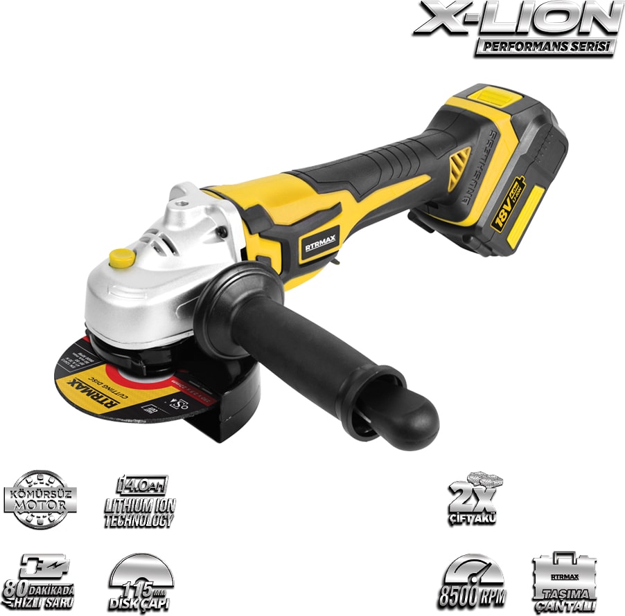 RTRMAX RTX2055 115MM 18V 4Ah Li-Ion Çift Akülü Kömürsüz Avuç Taşlama