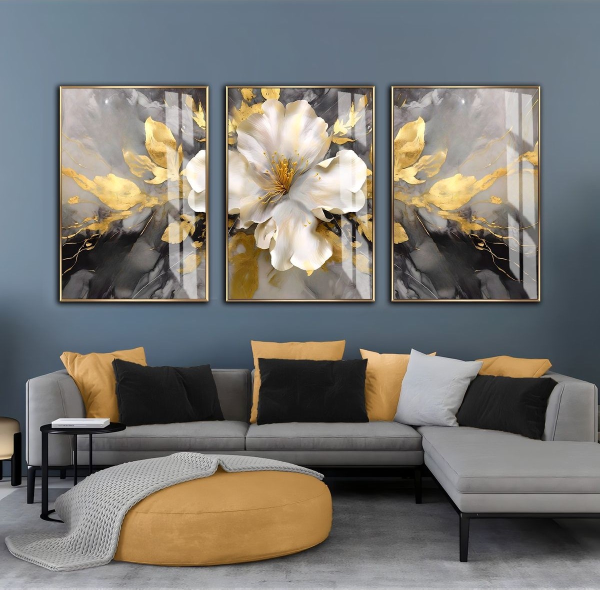 |gri-Gold Soft Soyut Çiçek Kombini |çerçeveli Cam Tablo 3lü Dikey