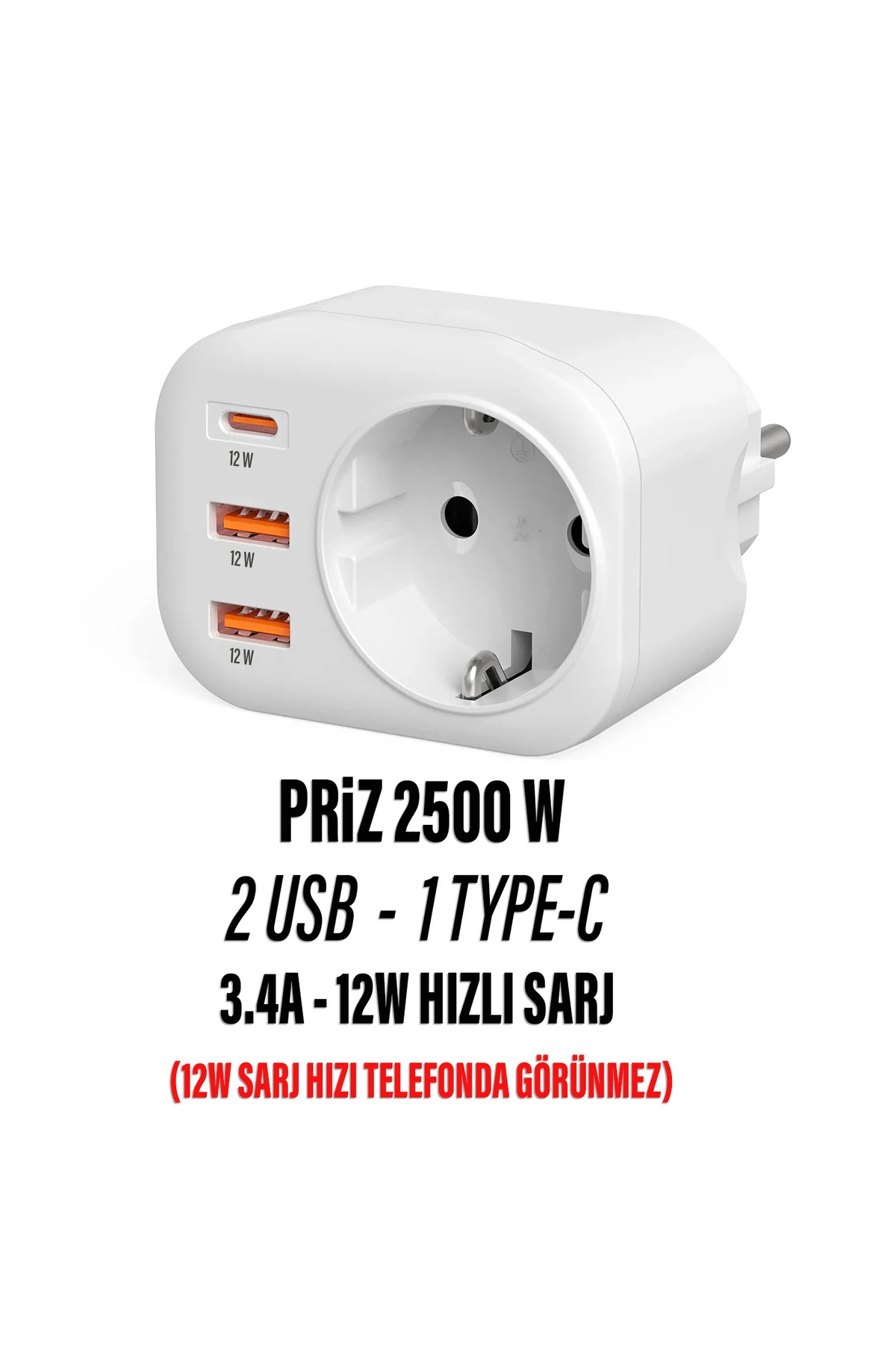 USB Type-C Priz Dönüştürücü Şarj Adaptörü Priz - 2 USB - 1 Type-C Girişli Çoklu Fiş