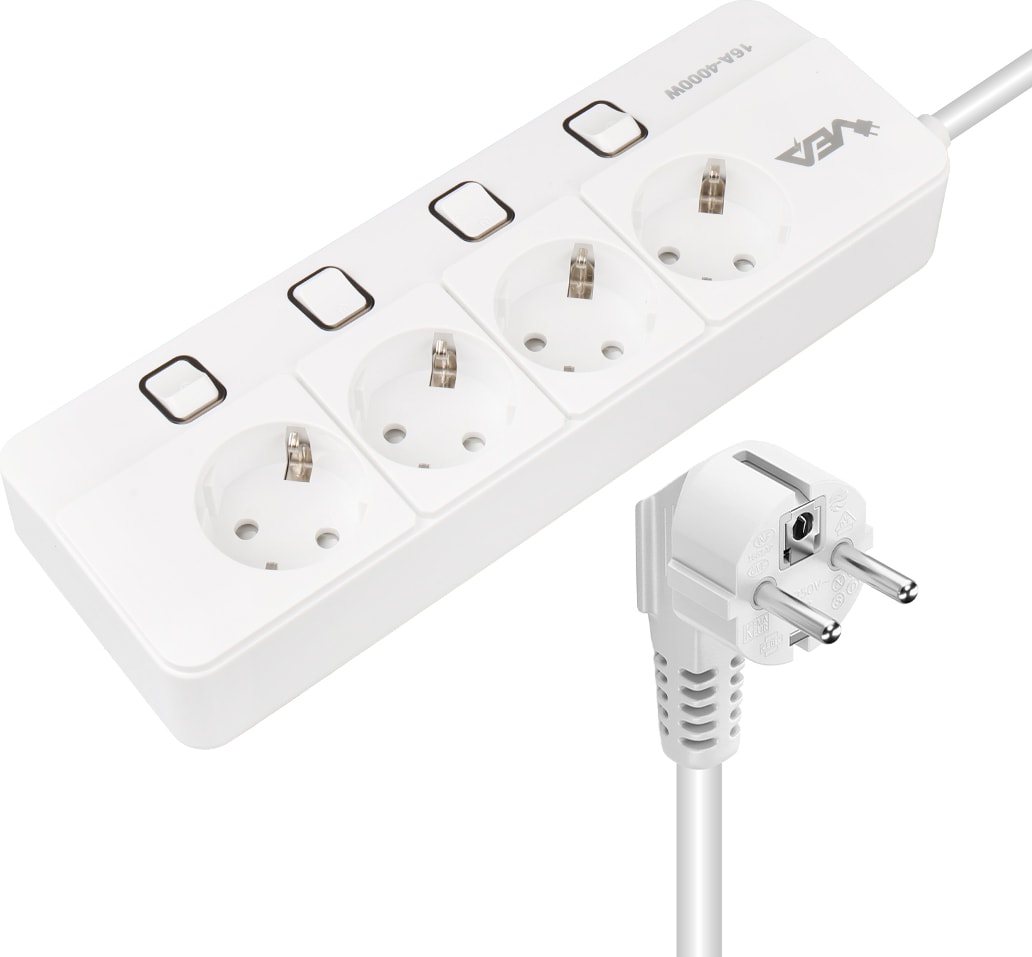 Vea VE-XMAN104 A Class 4'lü Anahtarlı 1.5 Metre Grup Priz Akım Korumalı Priz 2 USB 4000 Watt 16 Amper Isıya Dayanıklı