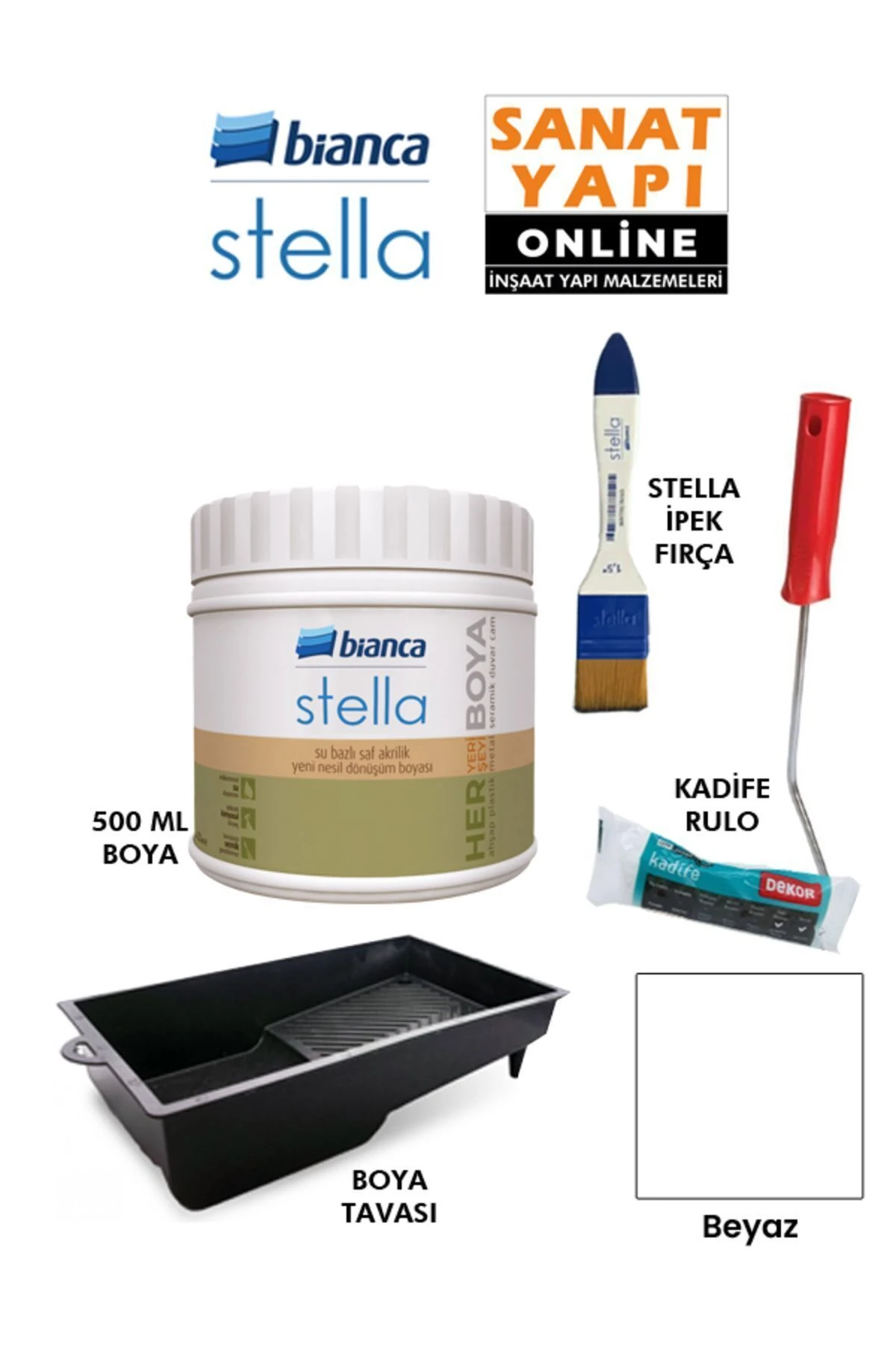 Stella Boya 4 Parçalı Set ( 500 Ml Boya - Boya Tavası- Stella İpek Fırça - Kadife Rulo )