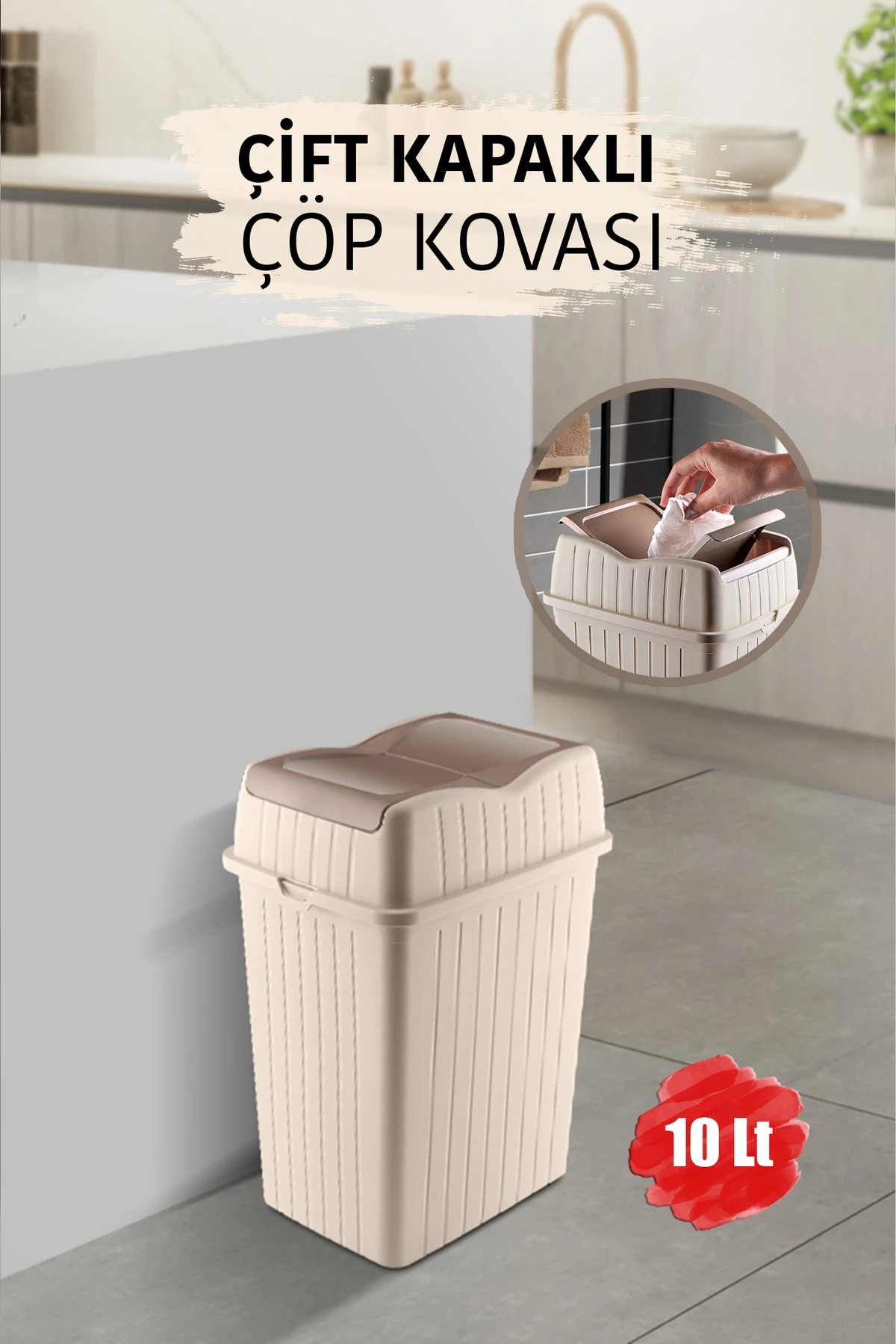 10 L - Çift Kapaklı Slim Çöp Kovası - Dekoratif Ev Ofis Banyo & Mutfak Düzenleyici Çöp Kutusu Krem