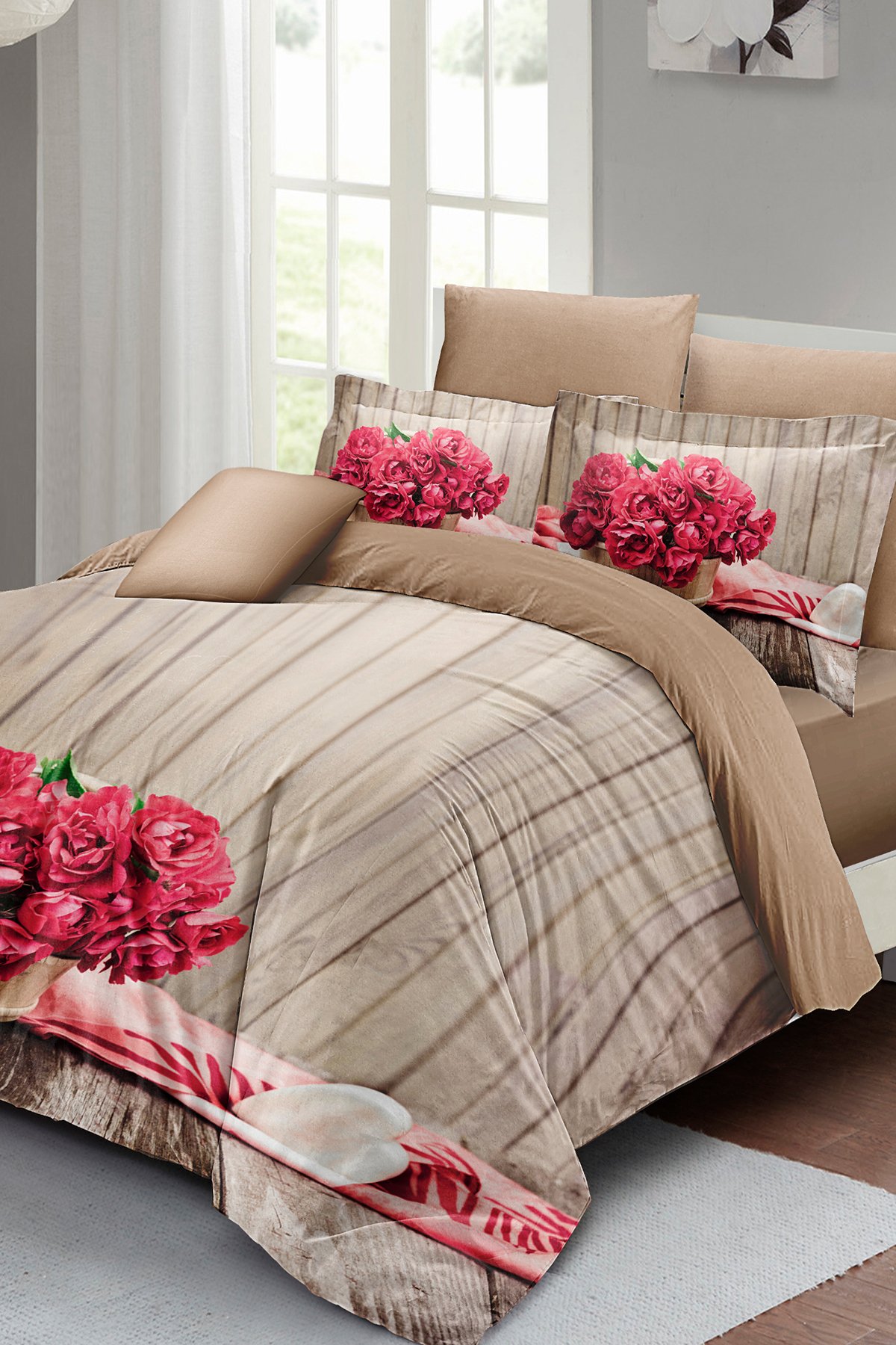 Lastikli Çarşaflı %100 Pamuk Saten Çift Kişilik Nevresim Takımı Pink Flowers