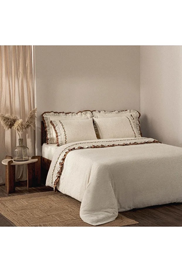 Maide Çift Kişilik Nevresim Takımı %100 Organik Pamuk Kenevir Karışımlı Nakışlı Bej 200x220 Cm