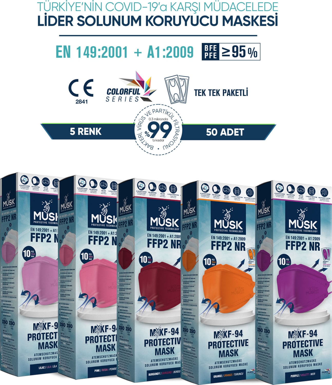 KF94 Kore Tipi N95 Maske 5 Renk 50 Adet (Pembe, Mor, Lila, Turuncu, Bordo)