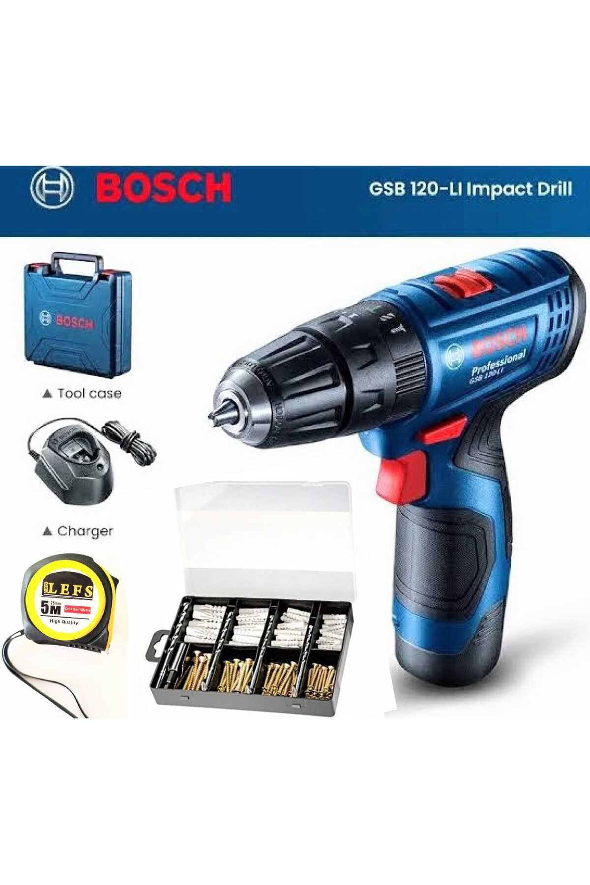 BOSCH Gsb 120 Li Darbeli Vidalama (TEK AKÜ) , 173 Parça Vidalama Ve Sabitleme Seti ve Metre