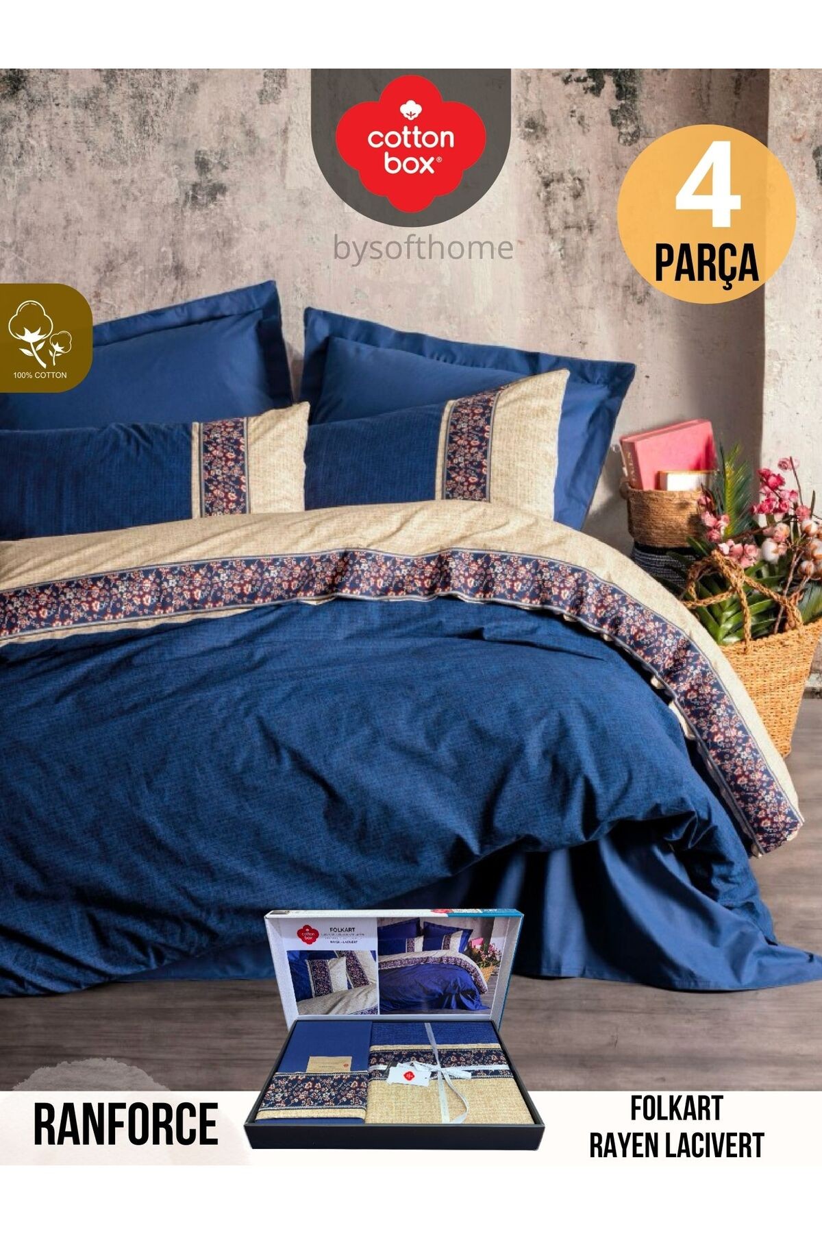 FOLKART RAYEN LACIVERT Ranforce Çift Kişilik Nevresim Takımı %100 Pamuk