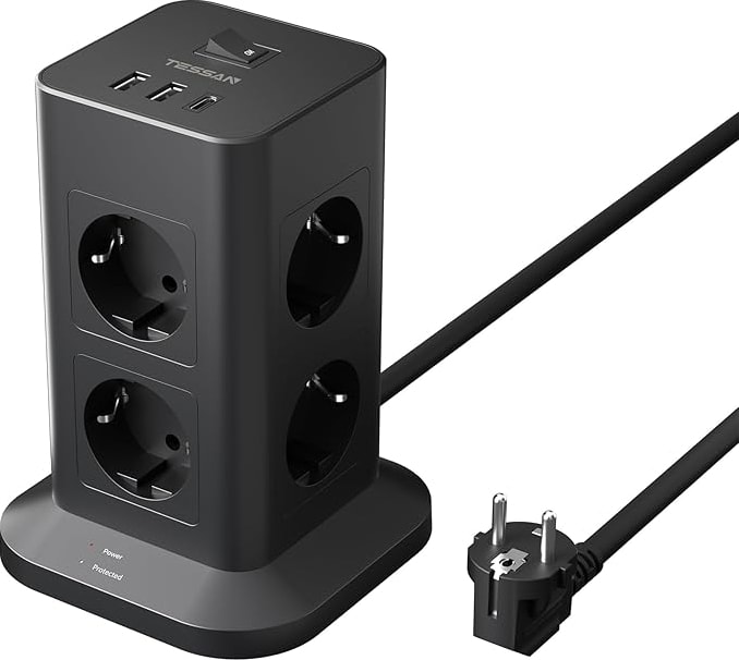 Akım Korumalı 8'li 2 Metre Type C ve Usb'li Grup Priz Siyah