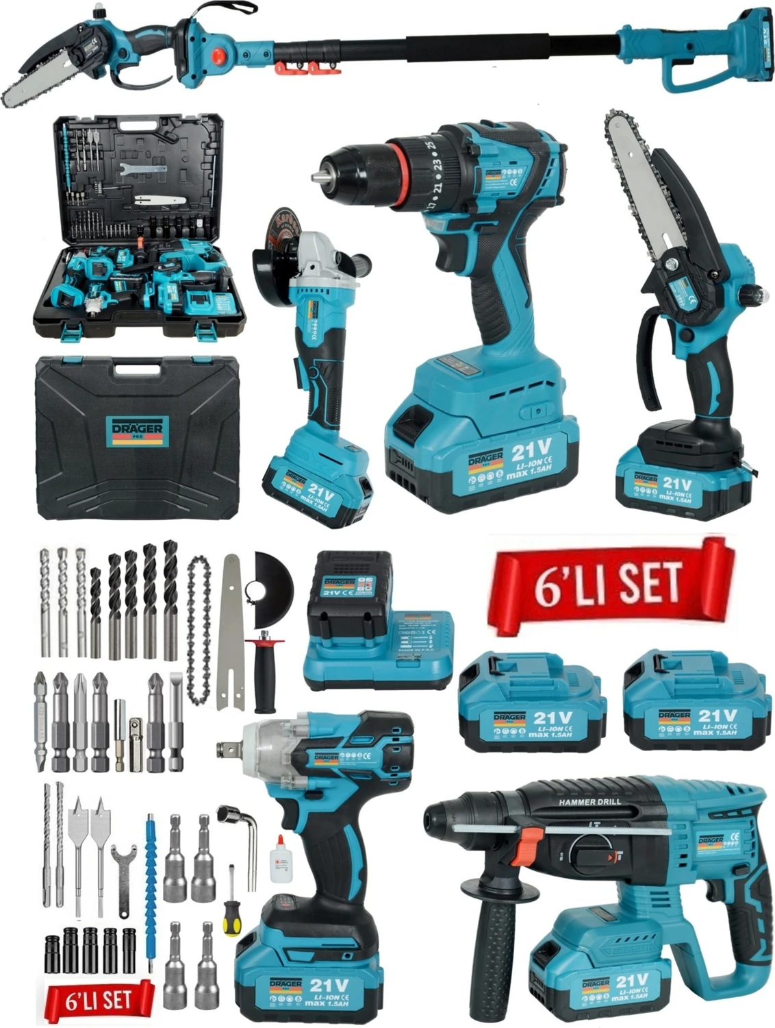 Kömürsüz Motor Şarjlı Matkap,taşlama,yağ Pompalı Testere,somun Sıkma,kırıcı Delici Teleskopik Sap 6 Li Ultra Set