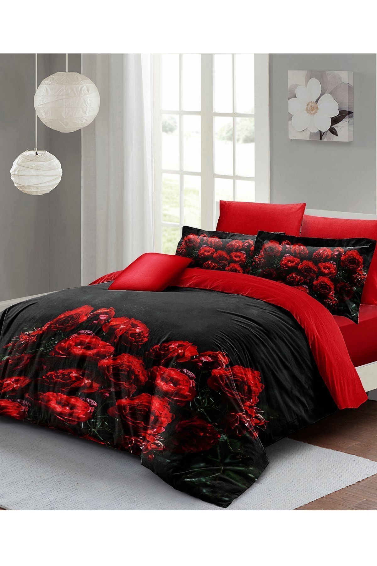 Sevgililer Günü Özel Çift Kişilik Nevresim Takımı Pamuk Saten Black Rose