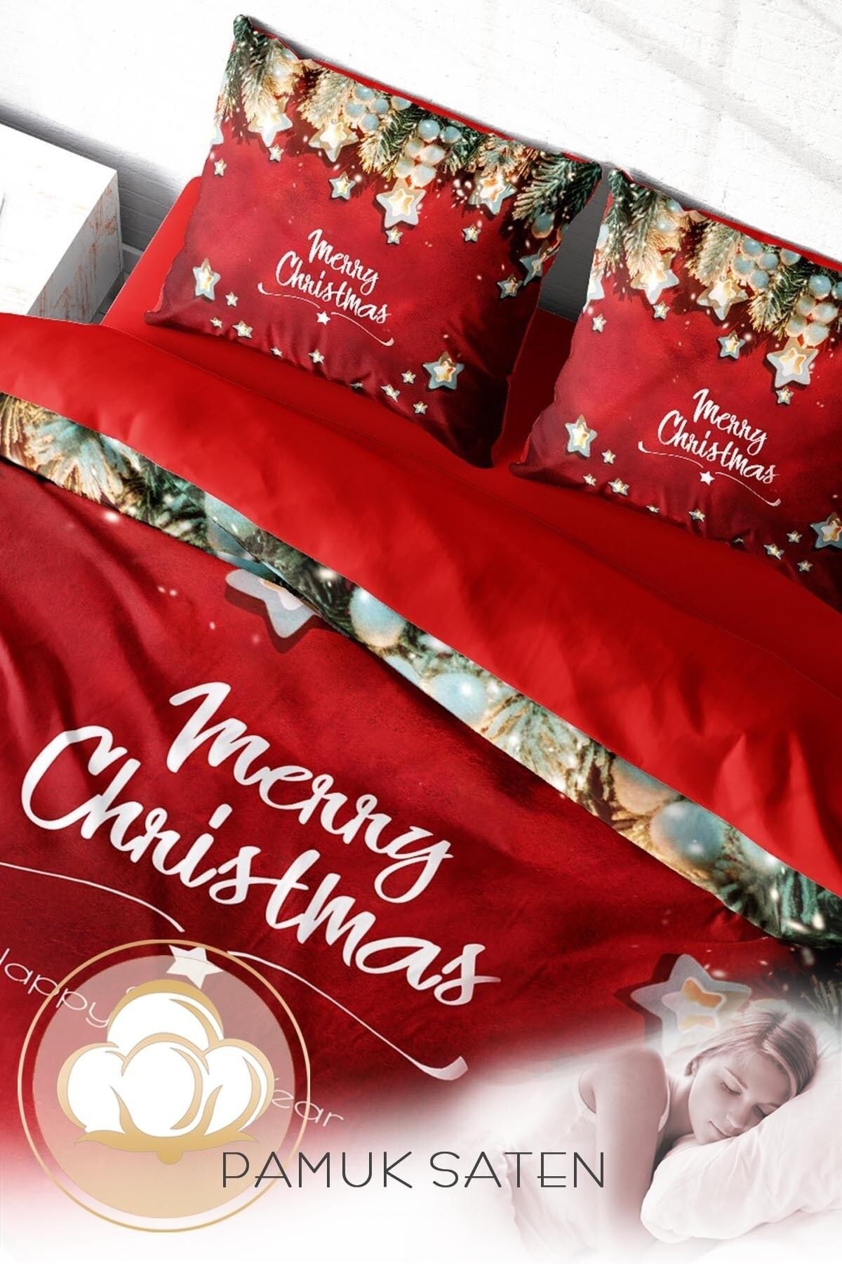 KING SIZE Yılbaşı Süsü Merry Christmas Çift Kişilik 3D Nevresim Takımı Pamuk Saten Red Stars