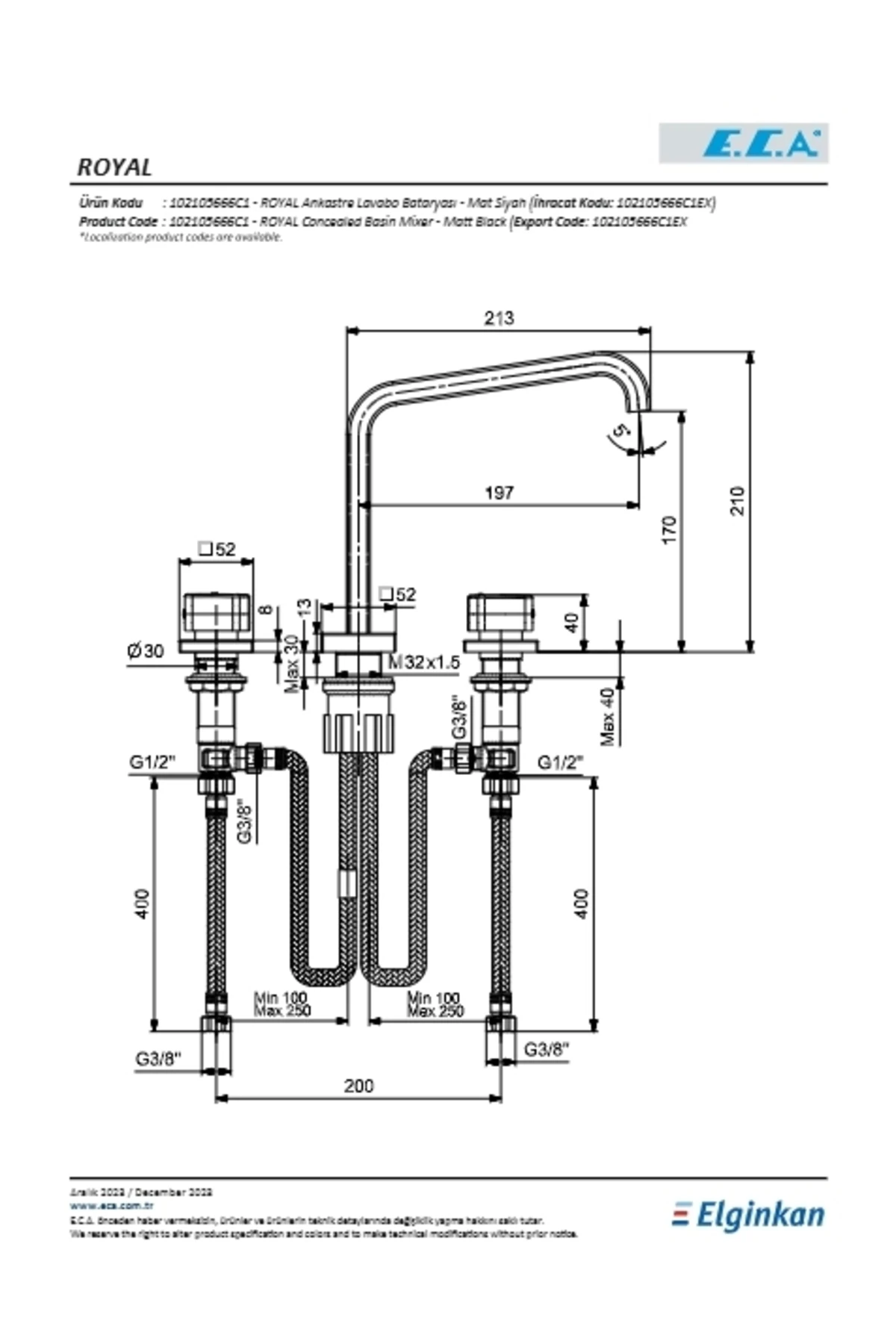 Royal Ankastre Lavabo Bataryası 3 Delikli Tezgah Üstü Mat Siyah