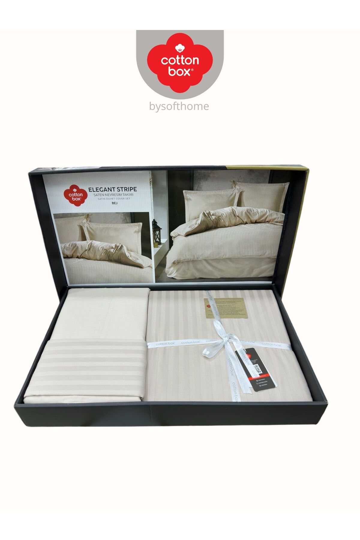 Elegant Stripe Bej Çift Kişilik Pamuk Saten Nevresim Takımı