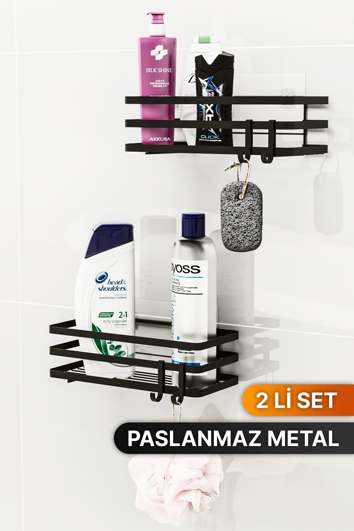 Banyo Düzenleyici Şampuanlık Sabunluk 2 Li Set Lamalı Yapışkanlı 4 Askılı Duş Rafı Organizer