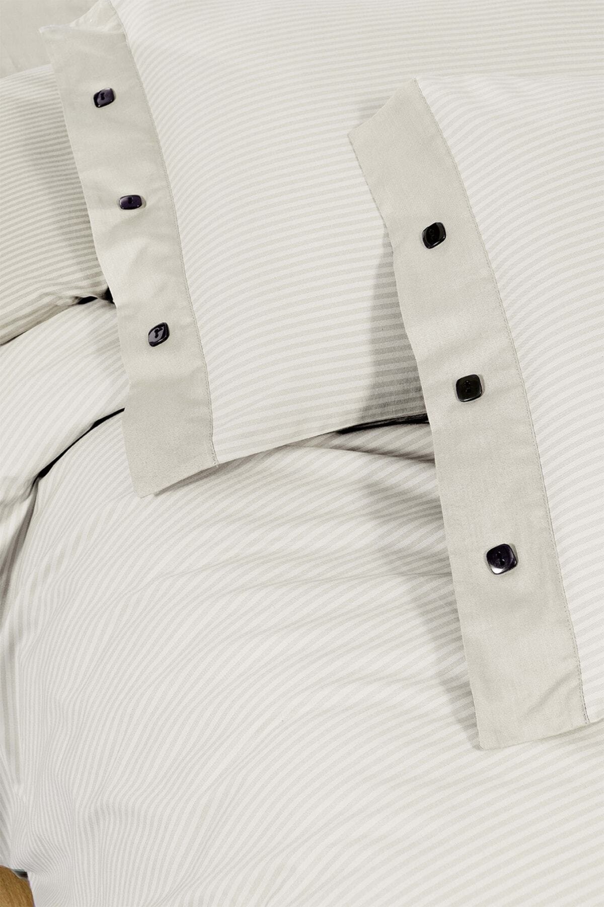 New Fancy Stripe Ekru Çift Kişilik %100 Pamuk Çizgili Nevresim Takımı