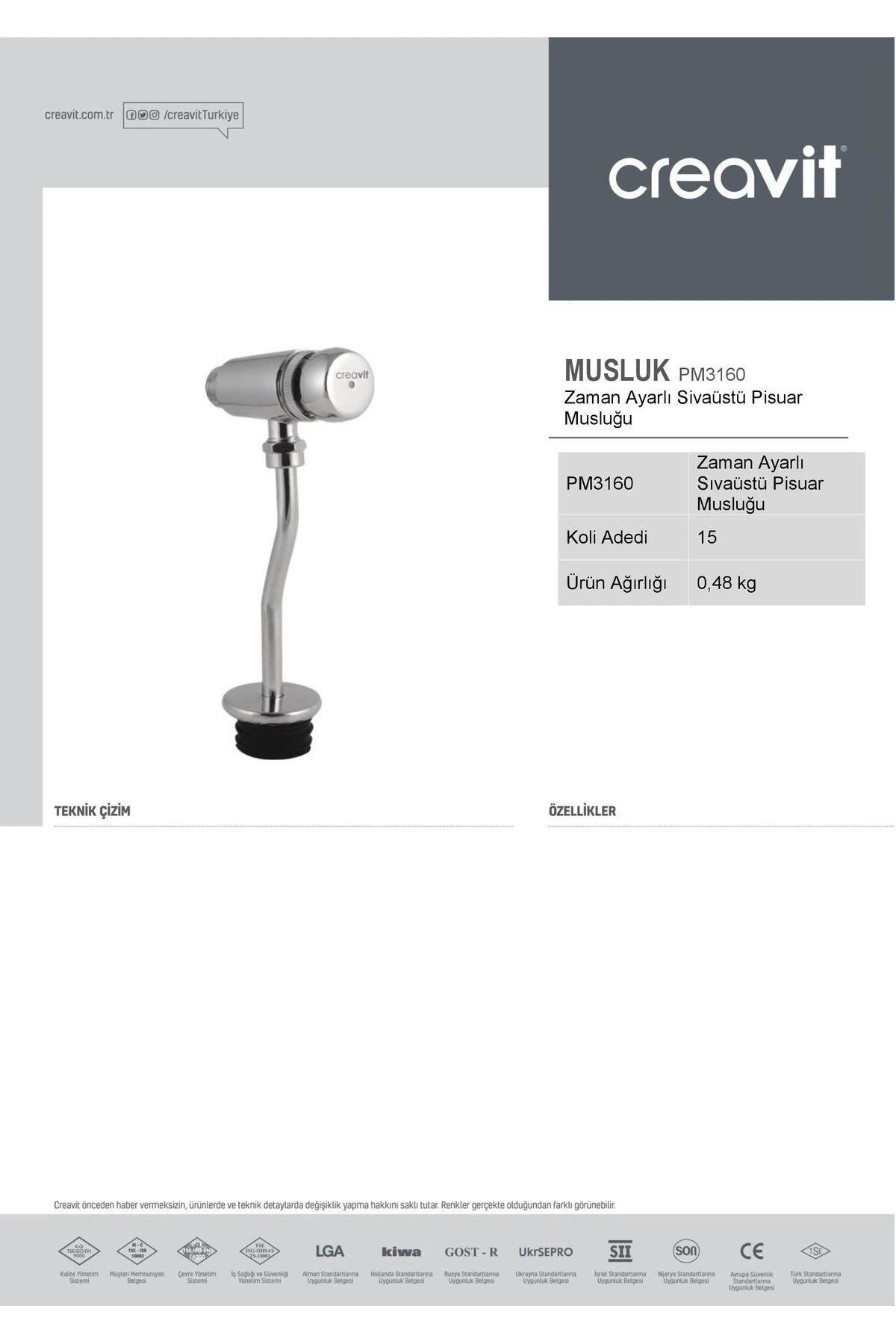 Zaman Ayarlı Sıva Üstü Pisuar Musluğu Bataryası PM3160