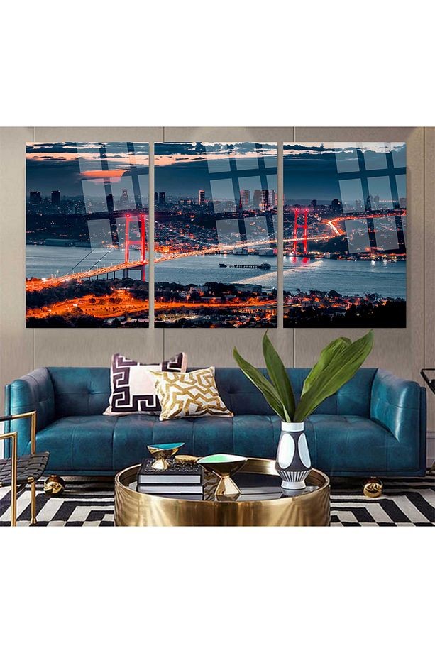 3 PARÇA HARİKA İSTANBUL MANZARASI SET MODERN TABLO ULTRA CANLI RENKLİ KIRILMAZ CAM TABLO EV HEDİYESİ
