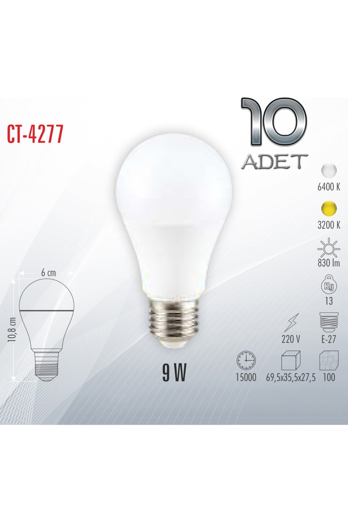 CT-4277 9W LED Ampul BEYAZ 6400K(100 Adet)