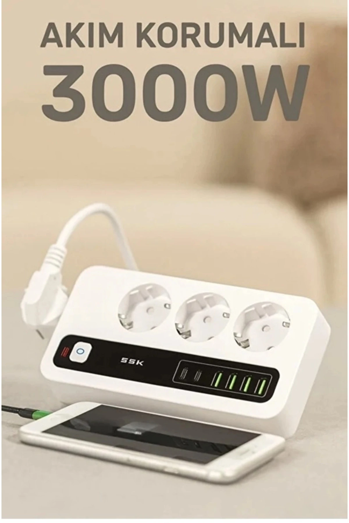 Art P10 3X Priz 3000W Akım Korumalı 4X Usb 2X Type-C Girişli Çoklu Priz Lab