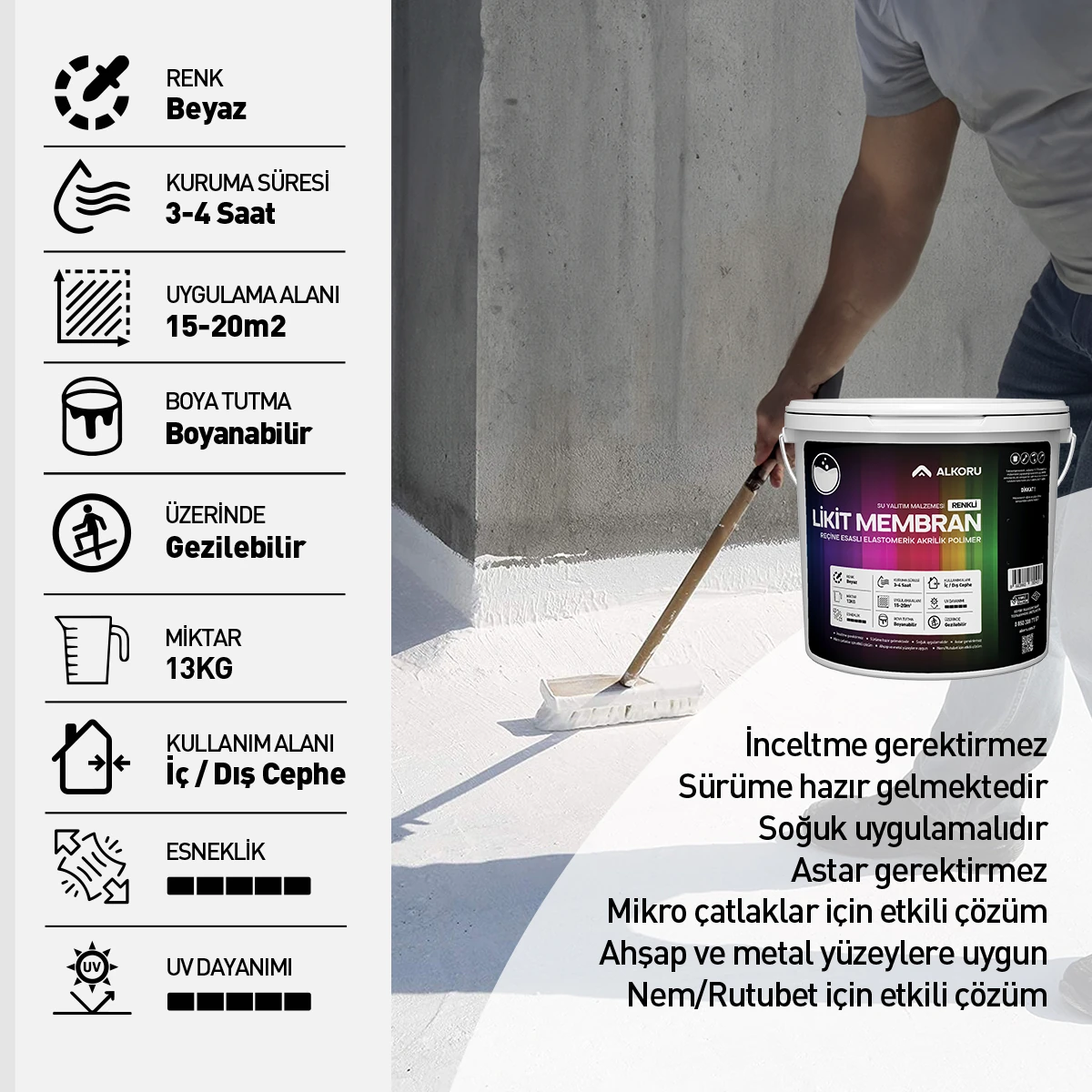 13 kg Beyaz Likit Membran Renkli Reçine Esaslı Sıvı Su Yalıtım Malzemesi