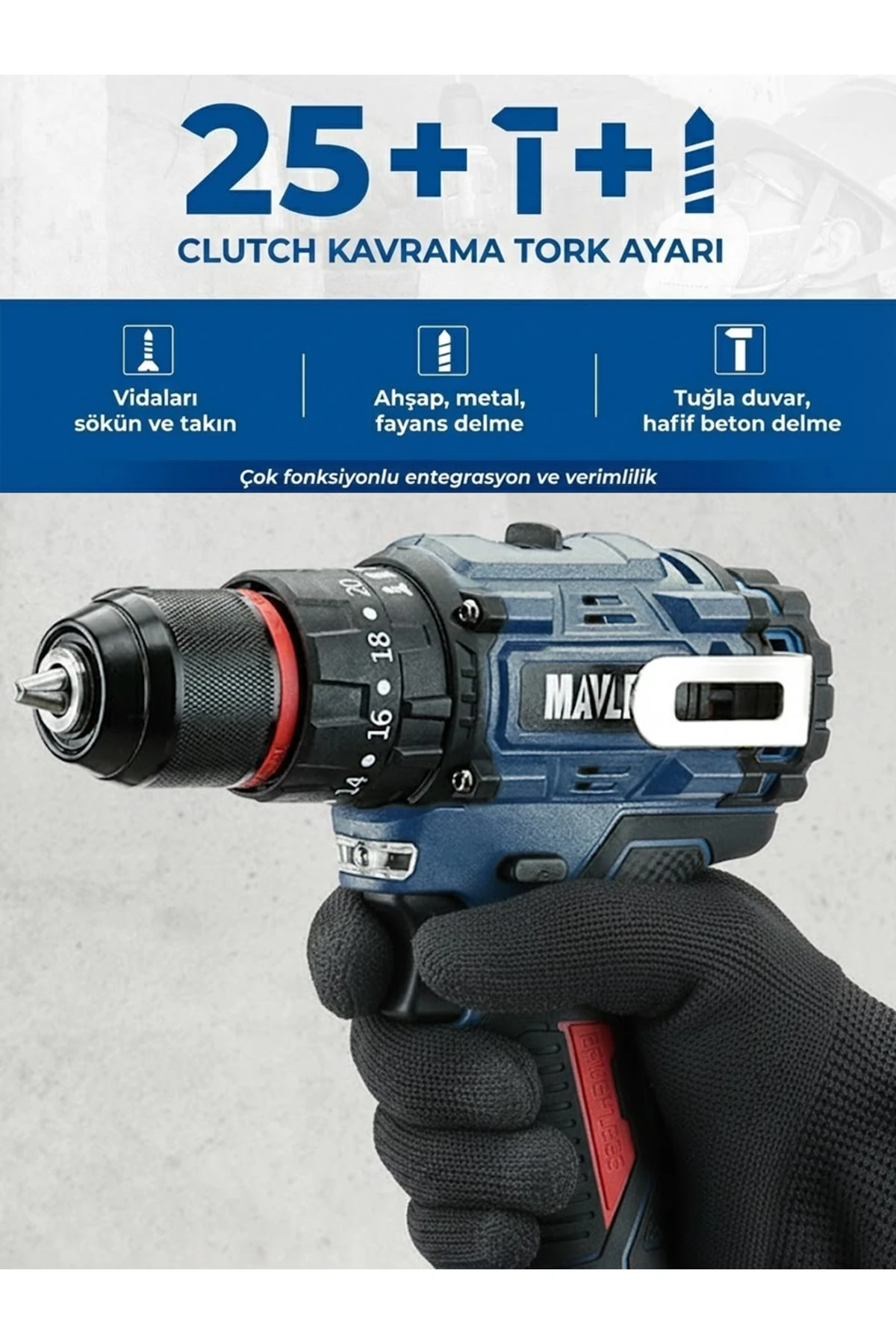 21V Bakır Sargı Kömürsüz Motor Çelik Mandren Darbeli Şarjlı Matkap Akülü Vidalama Uç Setli - Mavi