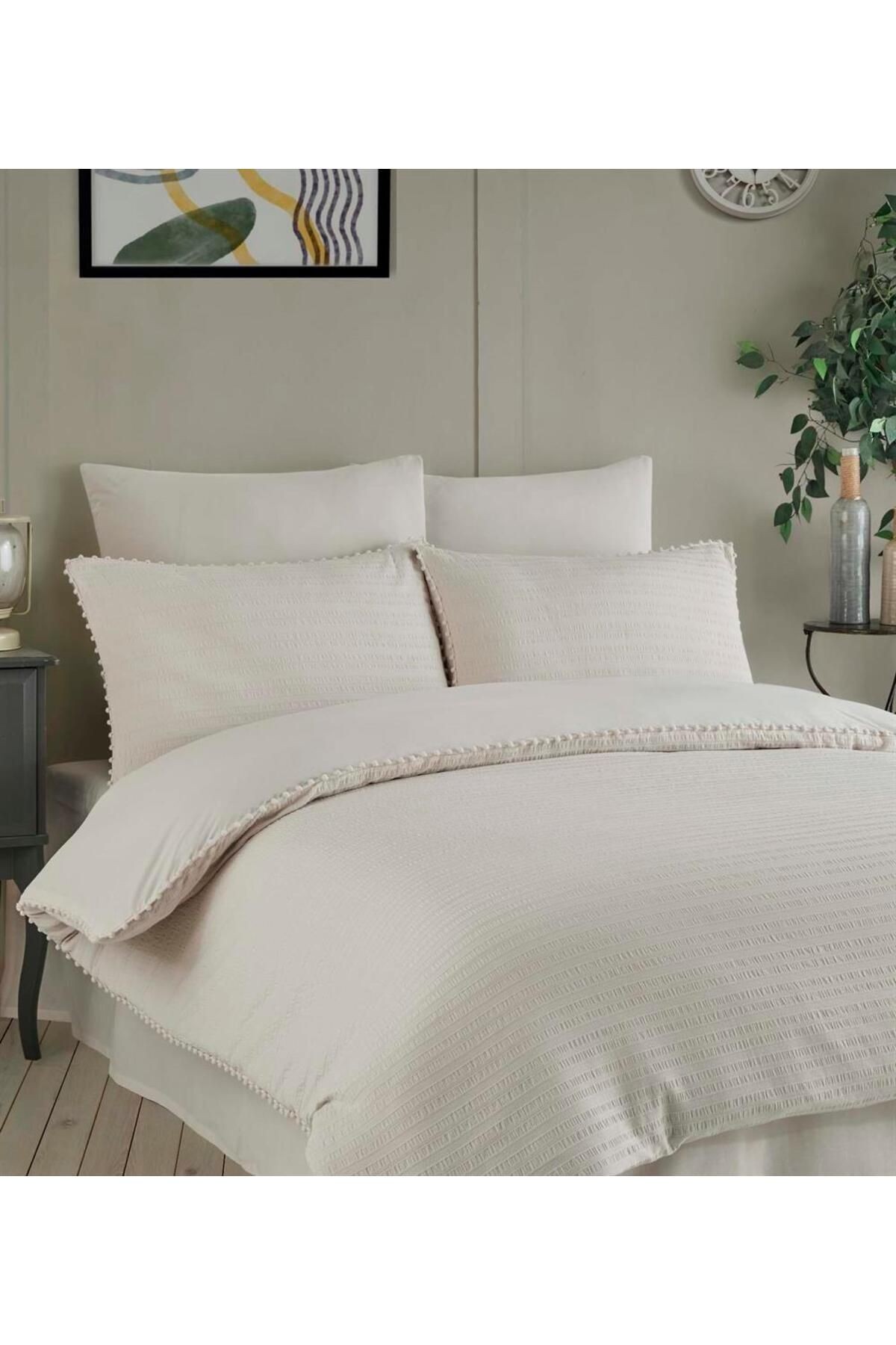 Emboss Ivory Çift Kişilik Saten Nevresim Takımı