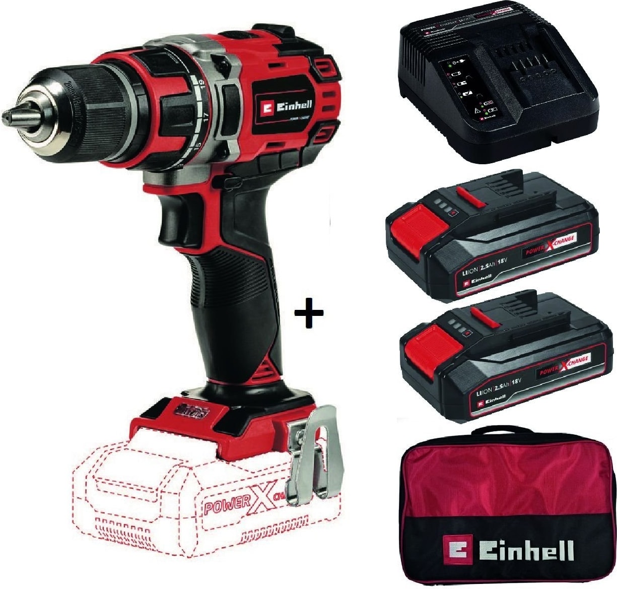 EİNHELL Te-Cd 18/50 Li-I Bl Kömürsüz Darbeli Matkap + 2x2,5 Ah Starterkit + Bez Çanta