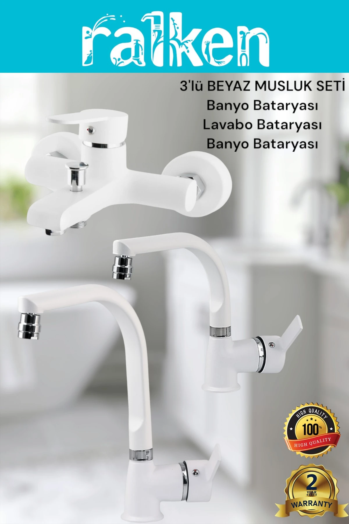 Delta Beyaz 3’lü Musluk Seti Banyo, Balık Sırtı Lavabo ve Eviye Mutfak Batarya Musluk Takımı Başlık