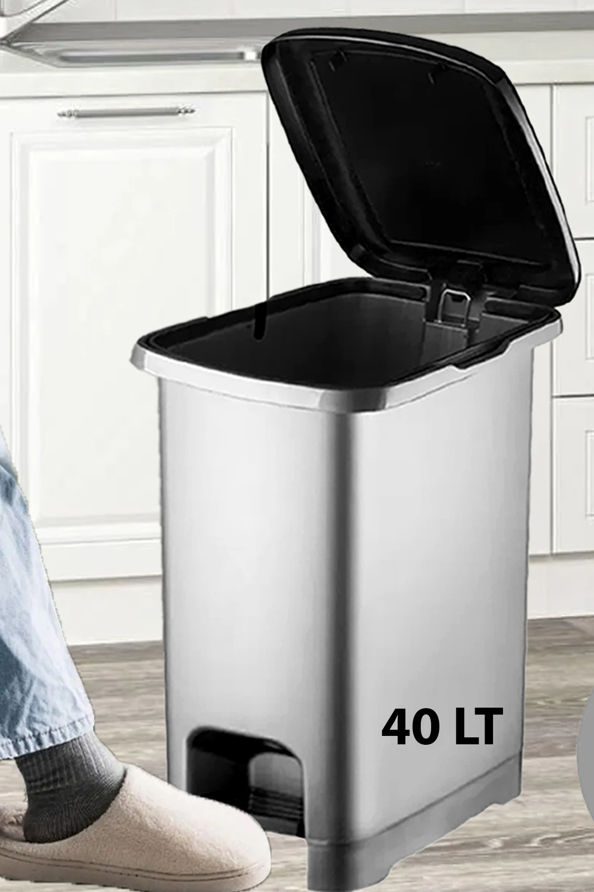 Banyo ve Mutfak İçin Pedallı Plastik Çöp Kovası ( iç kovasız) Metalik Gri