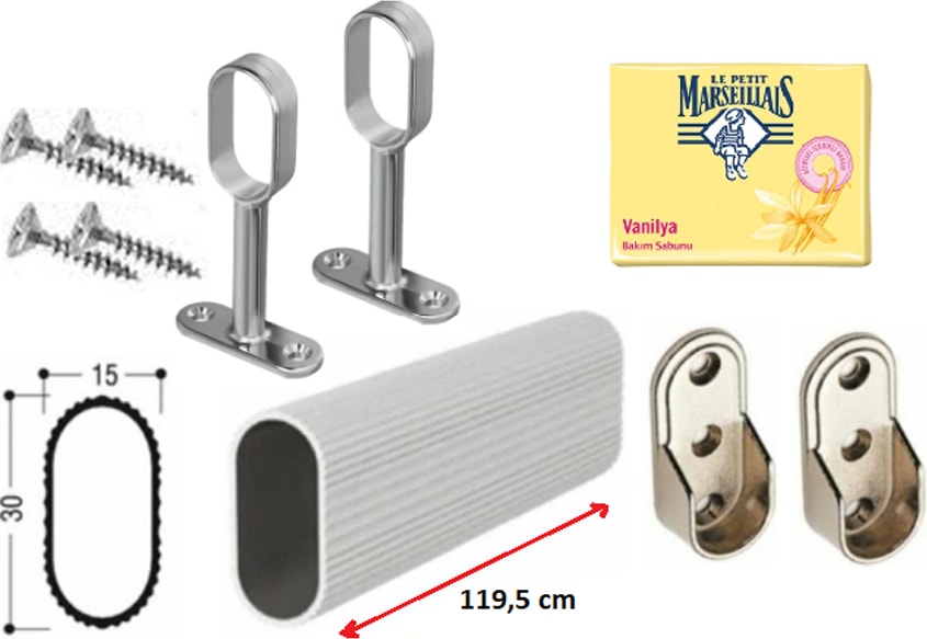 Dolap Içi Askılık Borusu Alüminyum Oval 119,5 Cm + 2 Adet Oval Ayaklı Flanş + 2 Adet Oval Sabit Flanş + Montaj Vidaları Set