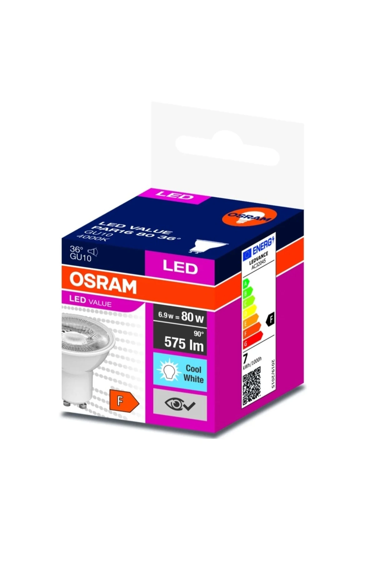 6.9w = 80w Eşdeğer Gu10 Duylu 4000k ılık beyaz (Cool White) 575 Lümen F Enerji Led Spot Ampul