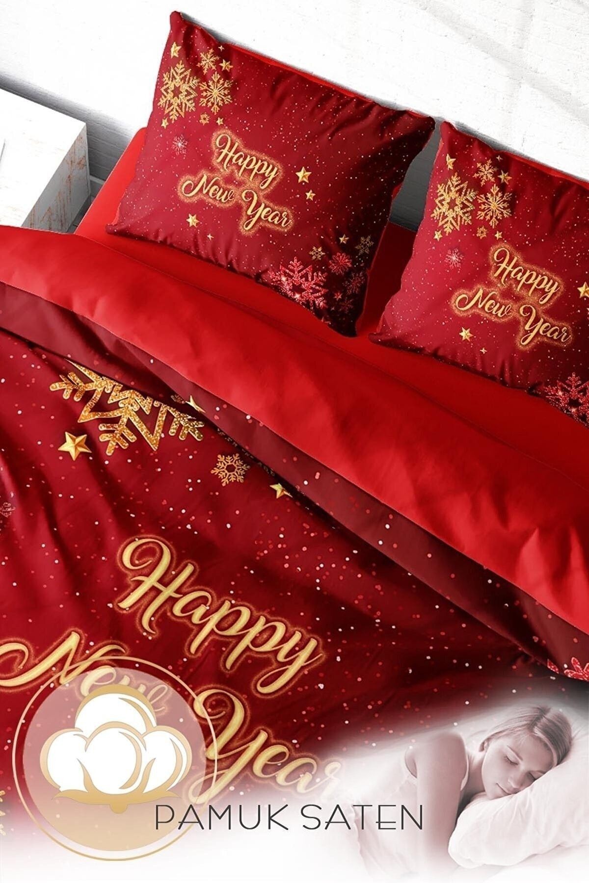 Yılbaşı Süsü Kar Kristalleri Noel %100 Pamuk Saten 3d Çift Kişilik Nevresim Takımı