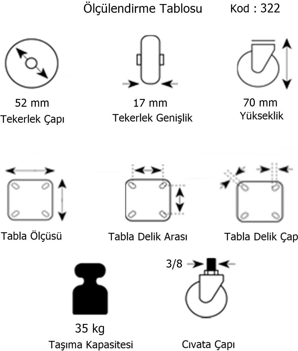 4 Adet Hts Döner 3/8 Vidalı Mobilya Tekeri Çap : 52 mm Kod : 322