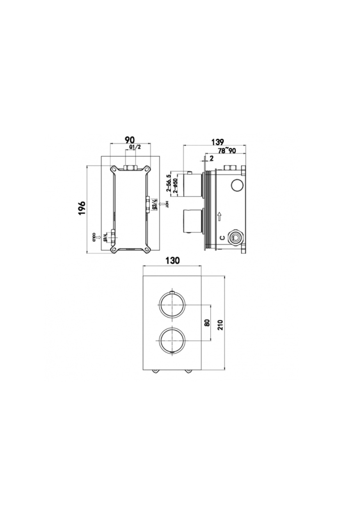 Terra Termostatik 2 Çıkışlı Ankastre İç Set Sıva Altı Grubu Dahil Banyo Bataryası, Krom-N2141102
