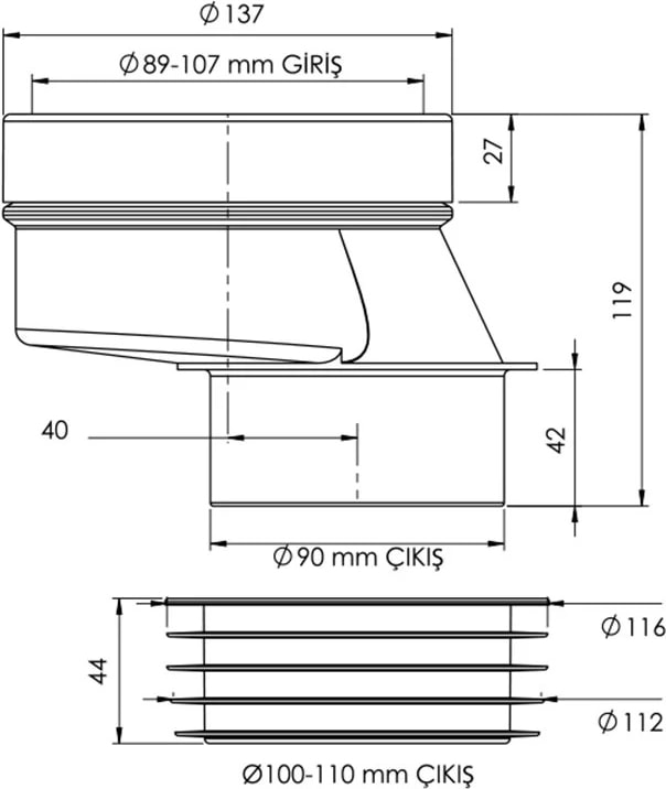 YT82 Ayarlanabilir Açılı Altdan Çıkışlı Klozet Gider Borusu Eksantirik Kada-4 cm Kaydırılabilir