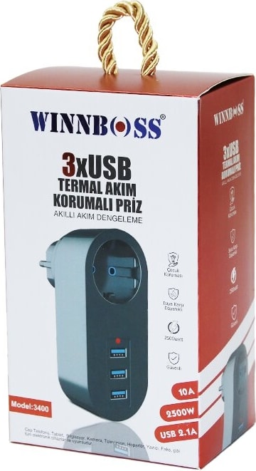 Siyah Termal Akım Korumalı 1xpriz 3xusb Duvar Tipi Priz 10A - 2500W