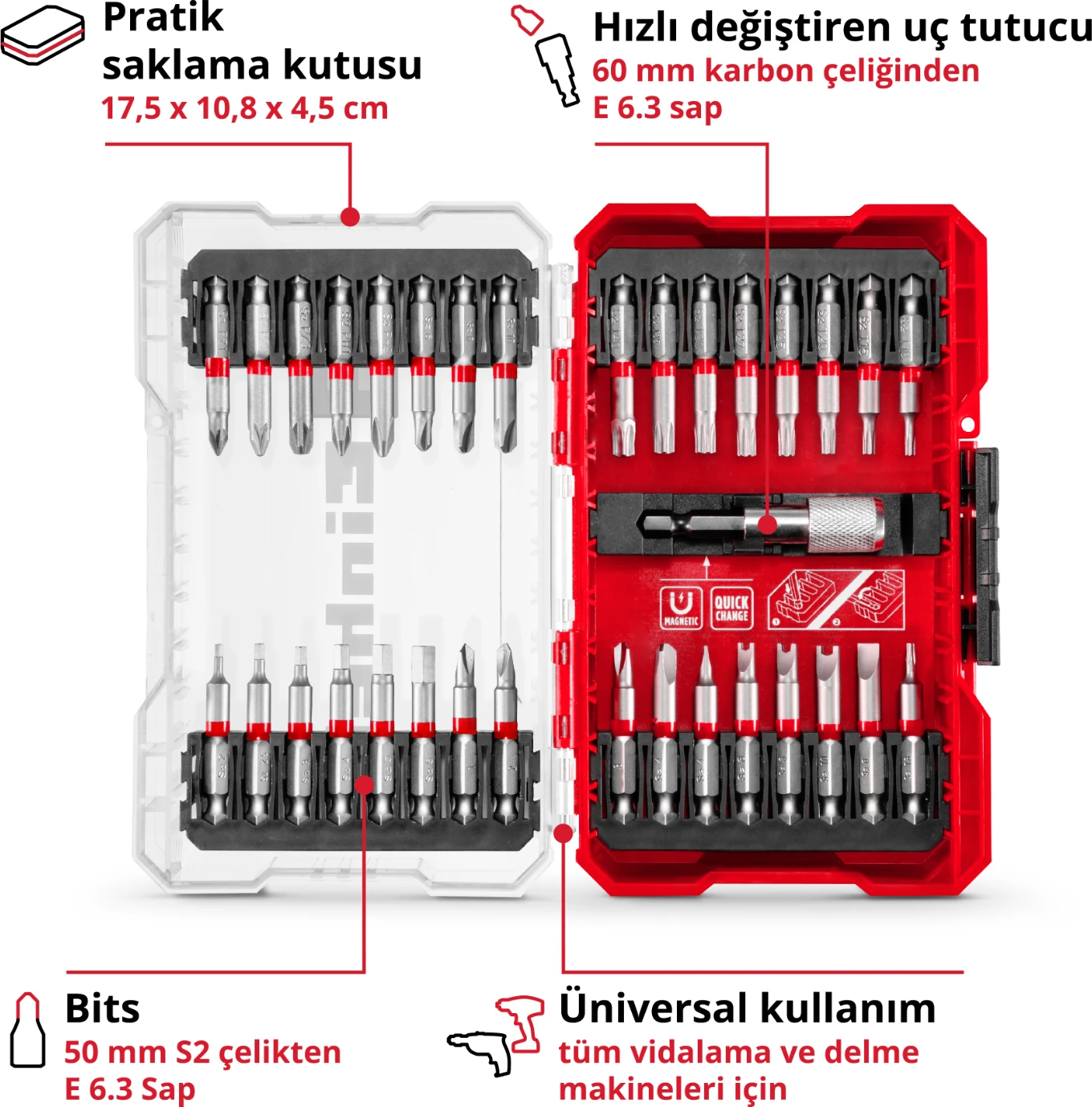 M-CASE 33 Parça Uç Seti (S2 Çelikten Yapılmış 50 mm Uçlu Akülü Vidalamalar Ve Elektrikli Matkaplar İçin, Karbon Çeliğinden Yapılmış Hızlı Değiştirilebilir Uç Tutucu, Saklama Kutusu) - 49118903