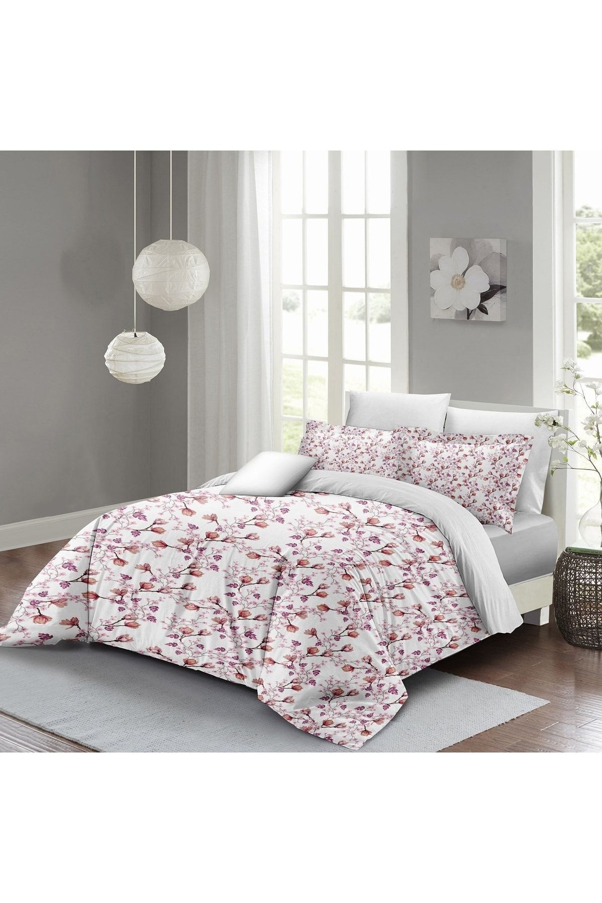 Nevresim Takımı %100 Doğal Pamuk Çift Kişilik 3d Digital Cherry Blossom