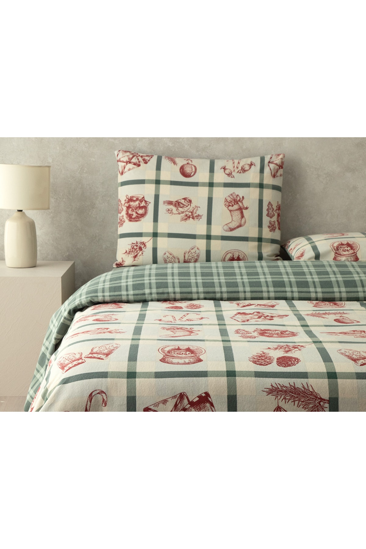 Winter Joy Flanel Tek Kişilik Nevresim Takımı Yeşil