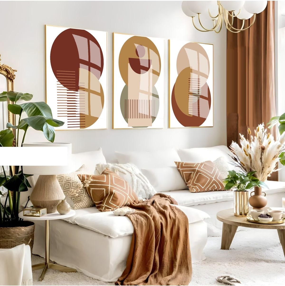 |kahverengi-Krem Bohem Minimalist Seti 2 |çerçeveli Cam Tablo 3lü Dikey