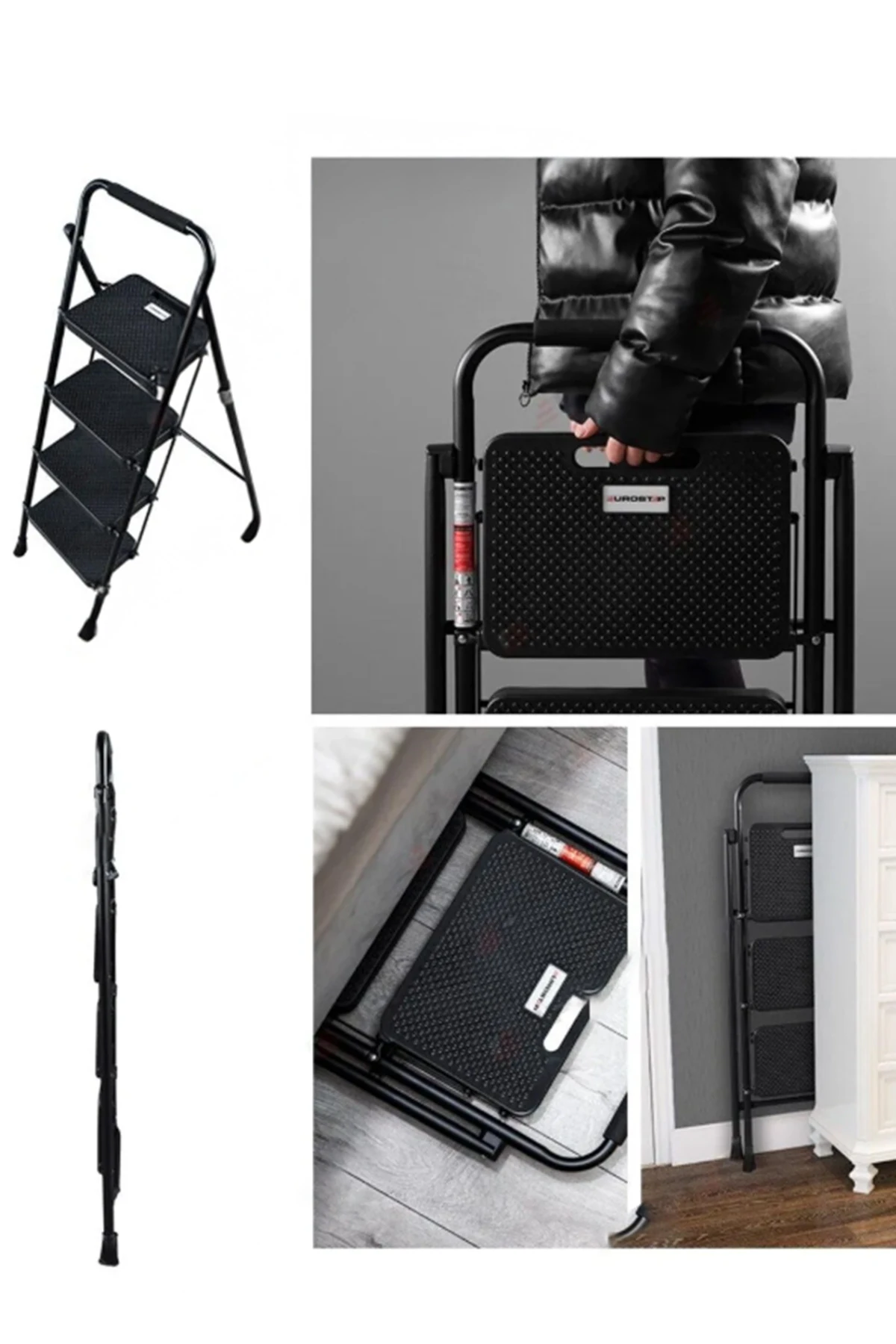 51404 Stepla Geniş 4 Basamaklı Katlanır Merdiven Eurotower Siyah