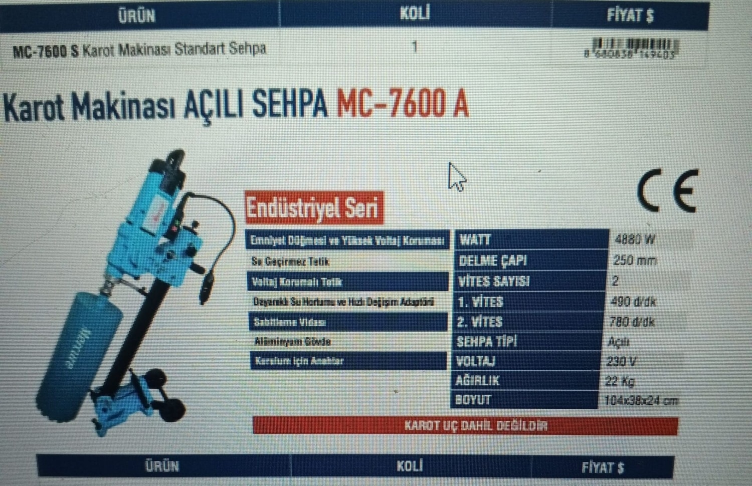 Endüstriyel Karot Makinası Açılı Sehpa MC-7600 A