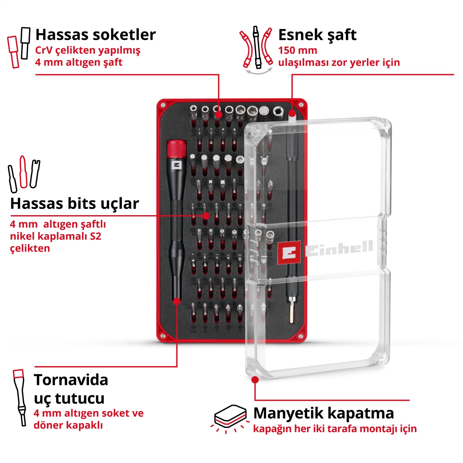 EİNHELL 66 Parça Hassas Bits Seti (hassas uçlar, hassas lokmalar, tornavida ucu tutucusu, esnek 150 mm uzatma, uzatma adaptörü ile) - 49115030