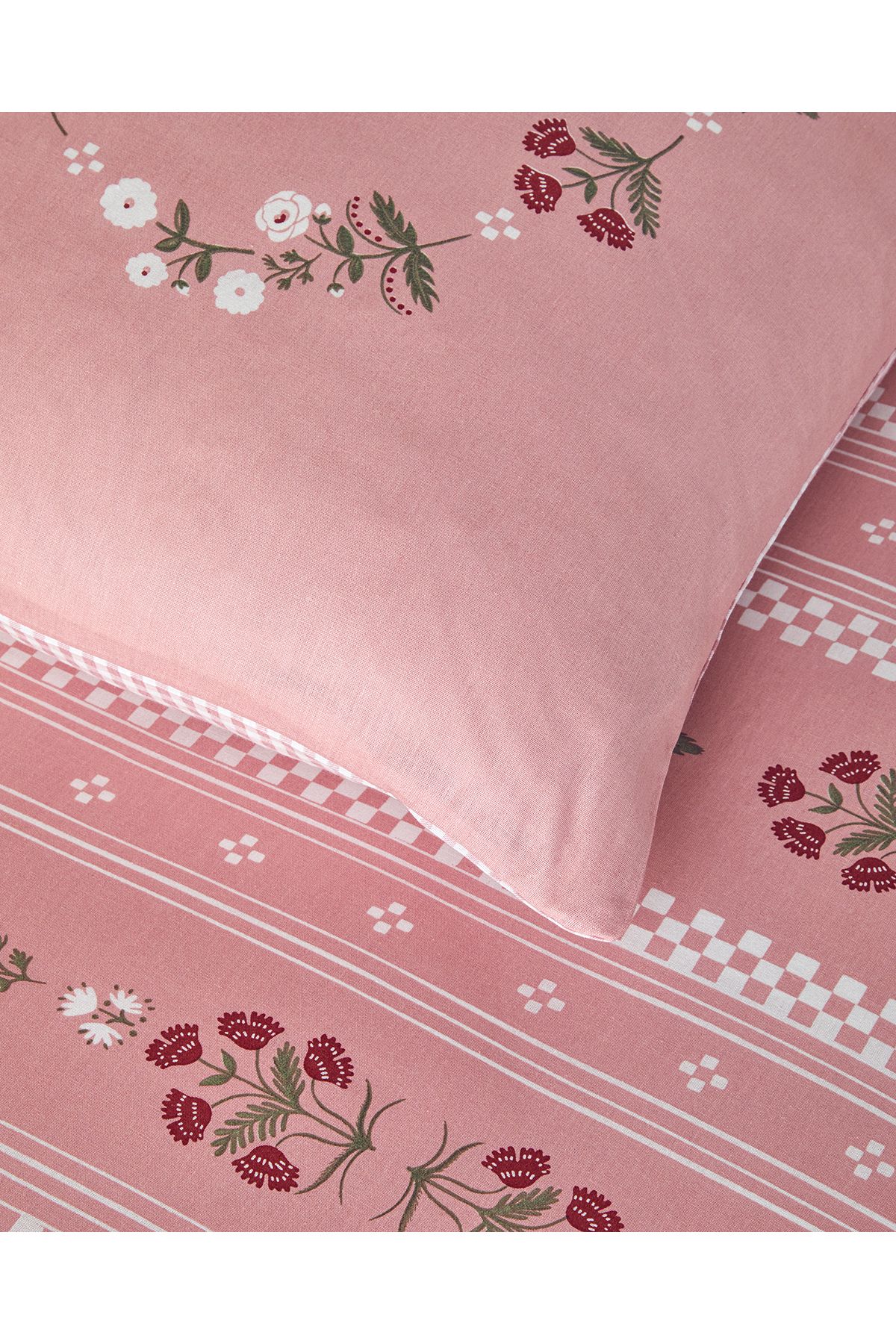 Retro Flower Pamuklu Çift Kişilik Nevresim Seti 200x220 cm Pembe
