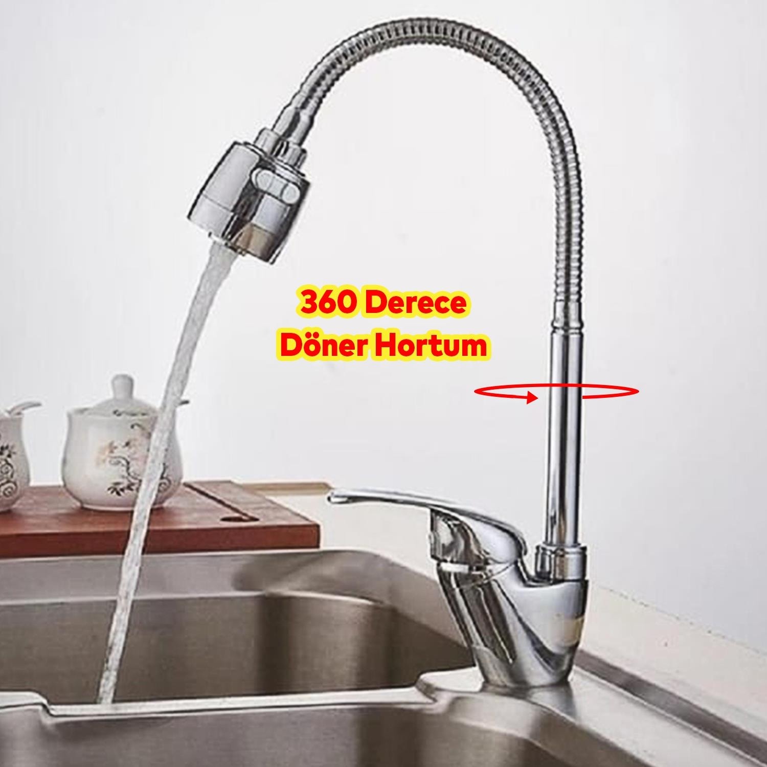 Mutfak Banyo Musluk Batarya Kuğu Evye Borusu Spiral Hortumlu Krom Renk 2 Kademeli Su Kubar Ayarlı Başlık